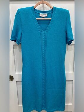 Vintage St. John Knit Collection By Marie Gray Turquoise Knit Dress with V-Neck
